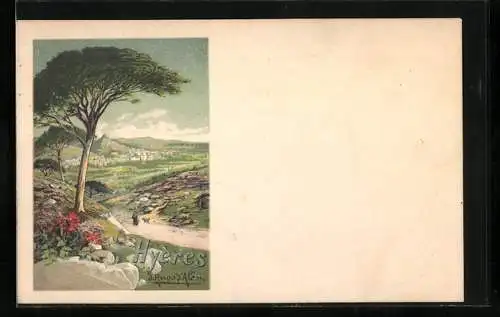 Lithographie Hyères, Landschaftspanorama mit Bäumen, Tourismus