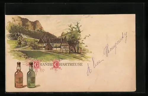 Lithographie Ortsansicht im Bergidyll, Reklame für Grande Chartreuse