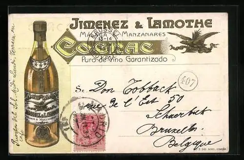 AK Reklame für den Cognac von Jimenez & Lamothe, Ansicht einer Flasche