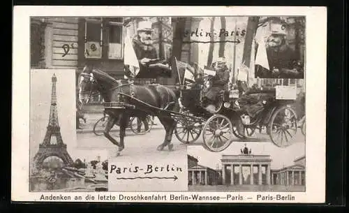 AK Berlin, Andenken an die letzte Droschkenfahrt Berlin Paris, Brandenburger Tor, Eifelturm