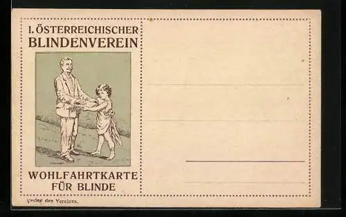 AK Ein blinder Mann liest in Brailleschrift, I. Österreichischer Blindenverein, Wohlfahrtkarte für Blinde