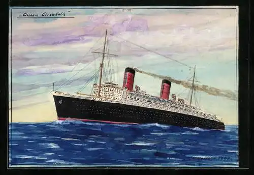 Künstler-AK Handgemalt: Das Passagierschiff Queen Elizabeth in voller Fahrt