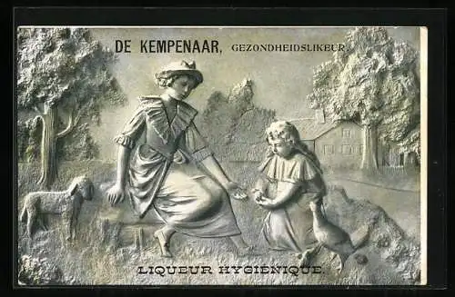 AK Mutter und Kind mit Lamm und Küken, Reklame De Kempenaar-Gezondheitslikeur
