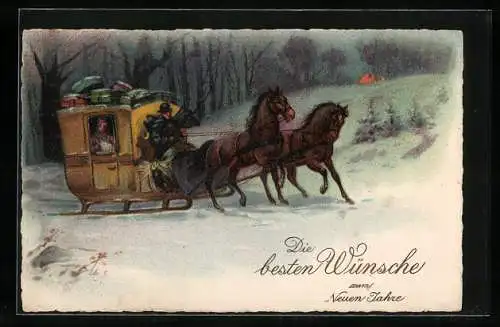 Lithographie Postkutsche unterwegs an einem Winterabend