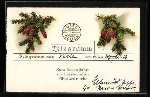 Lithographie Telegramm mit Tannenzweigen, Neujahrsgruss