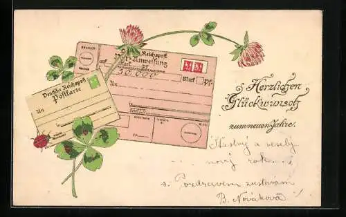 Präge-Lithographie Post-Anweisung und Postkarte mit Glücksklee und Marienkäfer, Neujahrsgruss