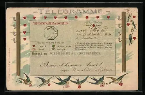 Präge-Lithographie Telegramme, Administration du Bonheur, Bonne et heureuse Année
