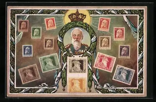 AK Prinzregent Luitpold von Bayern auf verschiedenen Briefmarken