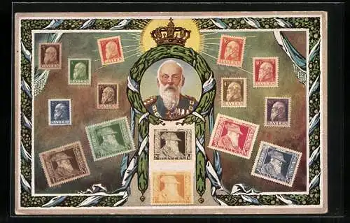 AK Prinzregent Luitpold von Bayern auf verschiedenen Briefmarken