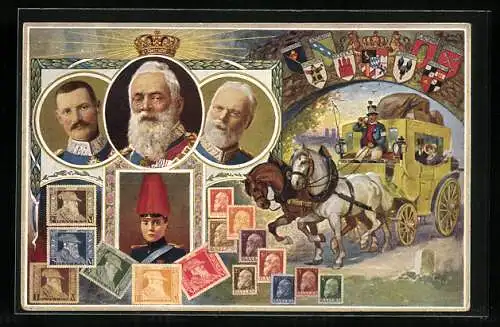 AK Postkutsche unterwegs, Bayrischer König, bayrische Briefmarken, Städtewappen