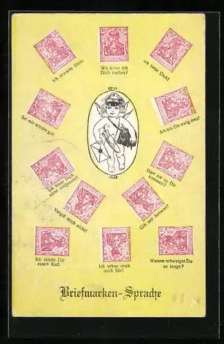AK Geflügelter Postbote, Briefmarkensprache