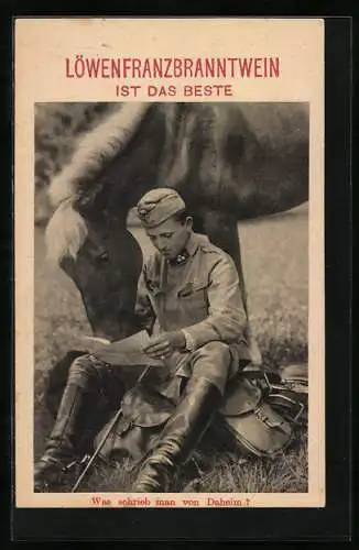AK Reklame Löwenfranzbranntwein, Frontsoldat mit Brief und Pferd
