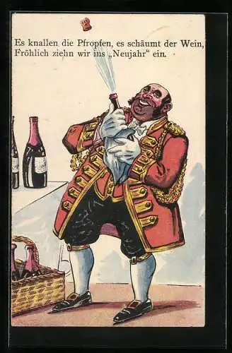 Lithographie Lachender Mann lässt den Korken einer Flasche knallen