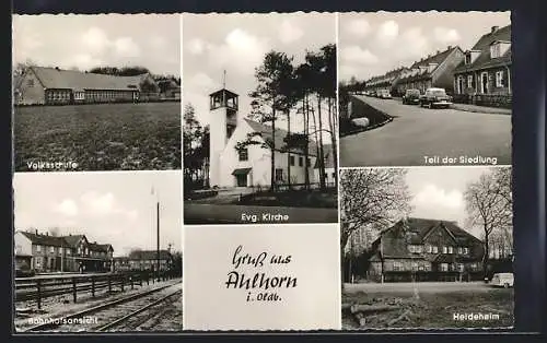 AK Ahlhorn i. Oldb., Teil der Siedlung, an der Volksschule, im Bahnhof, Heideheim