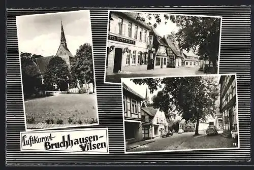 AK Bruchhausen-Vilsen, Hotel Dörgeloh, Brautstrasse, Kirchenpartie