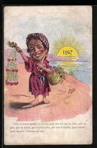 AK Arabischer Blumenverkäufer am Strand, Karikatur