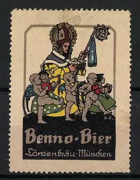 Künstler-Reklamemarke Otto Obermaier, Benno-Bier, Löwenbräu München, König und musizierende Engel