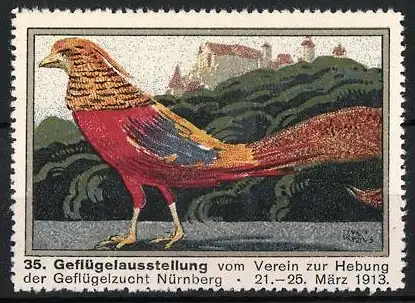 Reklamemarke Nürnberg, 35. Geflügelausstellung 1913, Papagei und Schloss