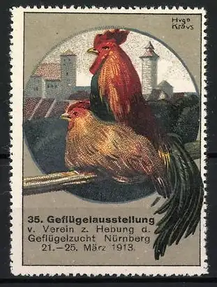 Reklamemarke Nürnberg, 35. Geflügelausstellung 1913, Hahn und Henne vor Stadt