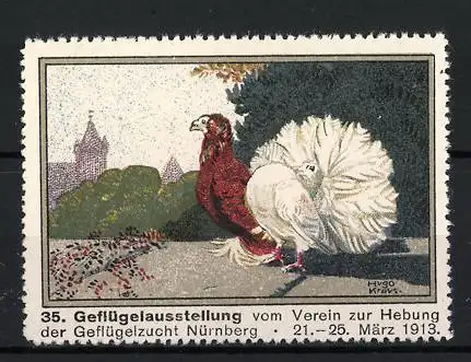 Reklamemarke Nürnberg, 35. Geflügelausstellung 1913, brauner und weisser Vogel