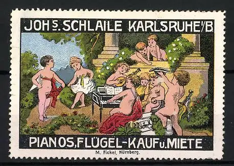 Reklamemarke Pianos und Flügel von Joh. Schlaile, Karlsruhe, nackte Kinder musizieren und tanzen