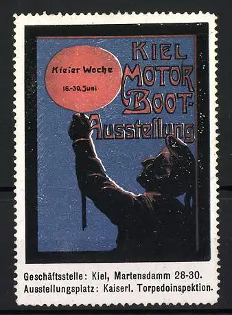 Reklamemarke Kiel, Motorboot-Ausstellung & Kieler Woche, Matrose hält eine Lampe