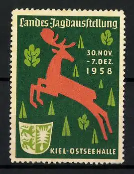 Reklamemarke Kiel, 2. Landes-Jagdausstellung 1958, Wappen, springender Hirsch