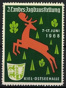 Reklamemarke Kiel, 2. Landes-Jagdausstellung 1958, Wappen, springender Hirsch