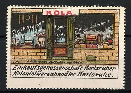 Reklamemarke Einkaufsgenossenschaft Kola Karlsruhe, Laden eines Mitglieds der Kola