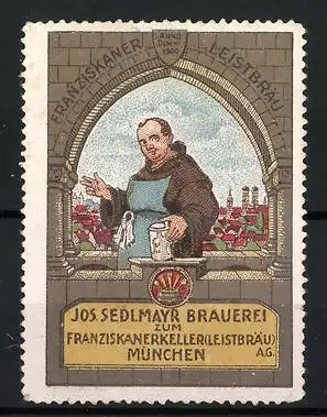 Reklamemarke Franziskaner Leistbräu, Jos. Sedlmayr Brauerei zum Franziskanerkeller München AG, Wirt mit Bierkrug