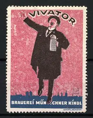 Künstler-Reklamemarke Ludwig Hohlwein, Vivator Brauerei Münchner Kindl, Mann mit Bierkrug, Stadtsilhouette