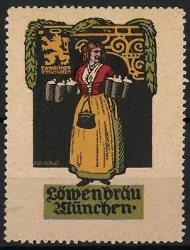 Künstler-Reklamemarke Franz Paul Glass, Löwenbräu München, Kellnerin mit Bierkrügen