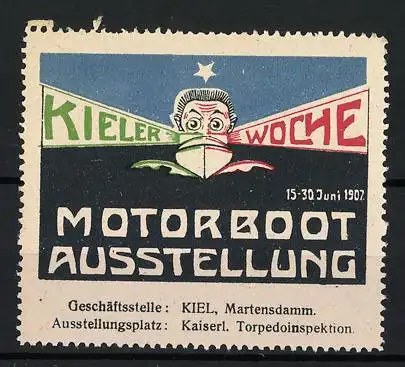 Reklamemarke Kiel, Motorboot-Ausstellung und Kieler Woche 1907, Messelogo