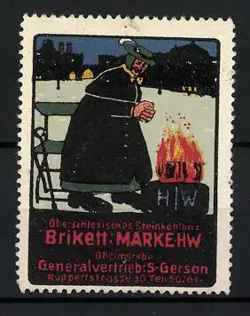 Reklamemarke HW Brikett, oberschles. Steinkohlen, Generalvertrieb S. Gerson, Ruppertstrasse 30, Mann mit Kohlenfeuer