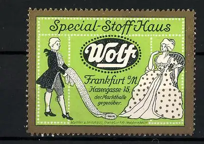 Reklamemarke Frankfurt a. M., Special-Stoff-Haus Wolf, Hasengasse 15, Angestellter zeigt einer Dame einen Stoffballen