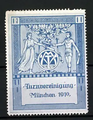 Reklamemarke München, Turnvereinigung 1910, Sportler mit Kegel