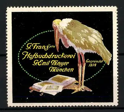 Reklamemarke G. Franz`sche Hofbuchdruckerei G. Emil Mayer, München, Gegr. 1928, Flamingo liest in einem Buch