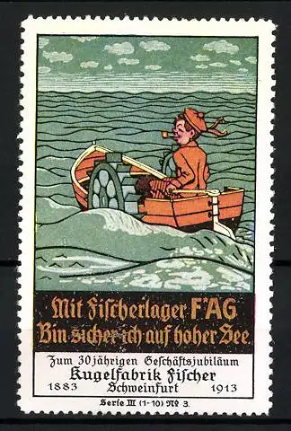 Reklamemarke FAG Fischerlager, Kugelfabrik Fischer, Schweinfurt, 30 jähr. Jubiläum 1883-1913, Motorboot