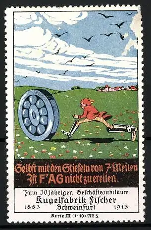 Reklamemarke FAG Fischerlager, Kugelfabrik Fischer, Schweinfurt, 30 jähr. Jubiläum 1883-1913, Mann mit Kugellager