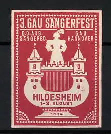 Präge-Reklamemarke Hildesheim, 3. Gau Sängerfest 1914, D. D. Arb. Sängerbund, Gau Hannover, Schloss auf Lyra