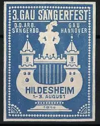 Präge-Reklamemarke Hildesheim, 3. Gau Sängerfest 1914, D. D. Arb. Sängerbund, Gau Hannover, Schloss auf Lyra