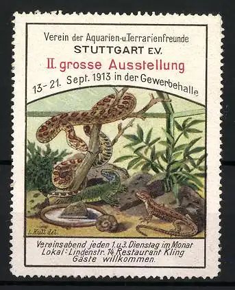 Reklamemarke Stuttgart, II. grosse Ausstellung 1913, Verein der Aquarienfreunde Stuttgart e.V., Schlange & Echsen