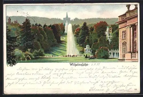 Lithographie Wilhelmshöhe, Gartenansicht mit Fontäne