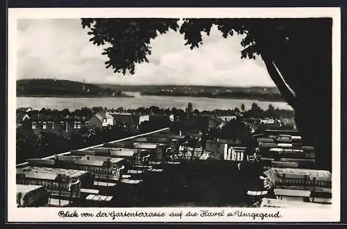 AK Werder / Havel, Hotel-Gaststätte Bismarckhöhe, Blick von der Gartenterrasse auf die Havel und Umgebung