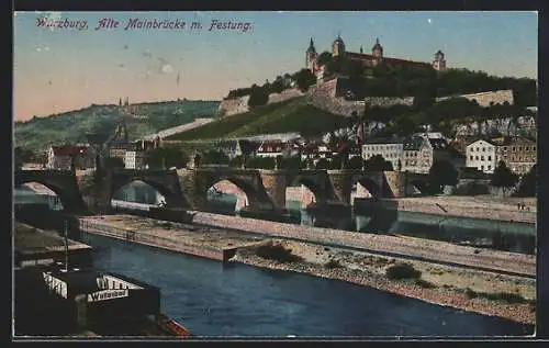 AK Würzburg, Alte Mainbrücke, mit Festung