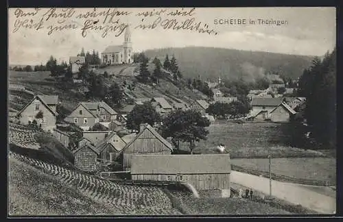 AK Scheibe / Thür., Ortsansicht mit Scheunen