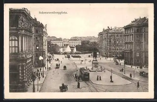 AK Wien, Strassenbahnen auf dem Schwarzenbergplatz