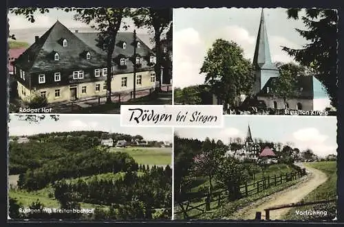 AK Rödgen / Siegen, Café und Pension Rödger Hof, Kirchpartie, Panorama