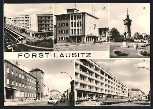 AK Forst / Lausitz, Berliner Strasse, Konsum-Kaufhaus, Post, Wasserturm