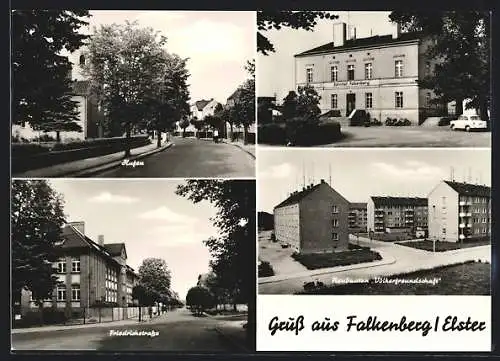 AK Falkenberg / Elster, Friedrichstrasse, Bahnhof und Neubauten Völkerfreunschaft